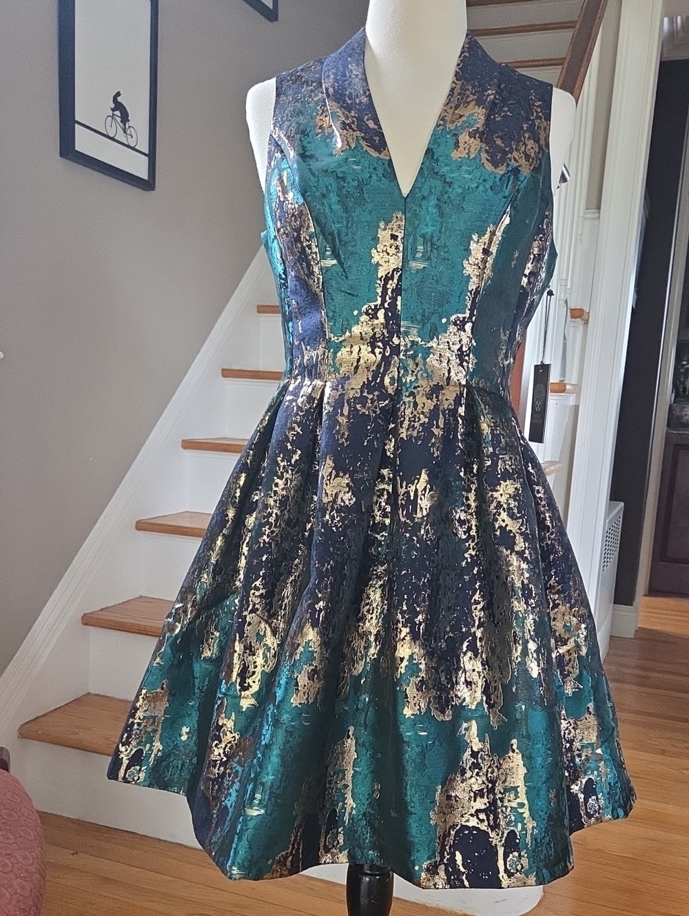 Vince Camuto New Teal, Navy and Gold Fit-and-Flare Brocade Dress NWT